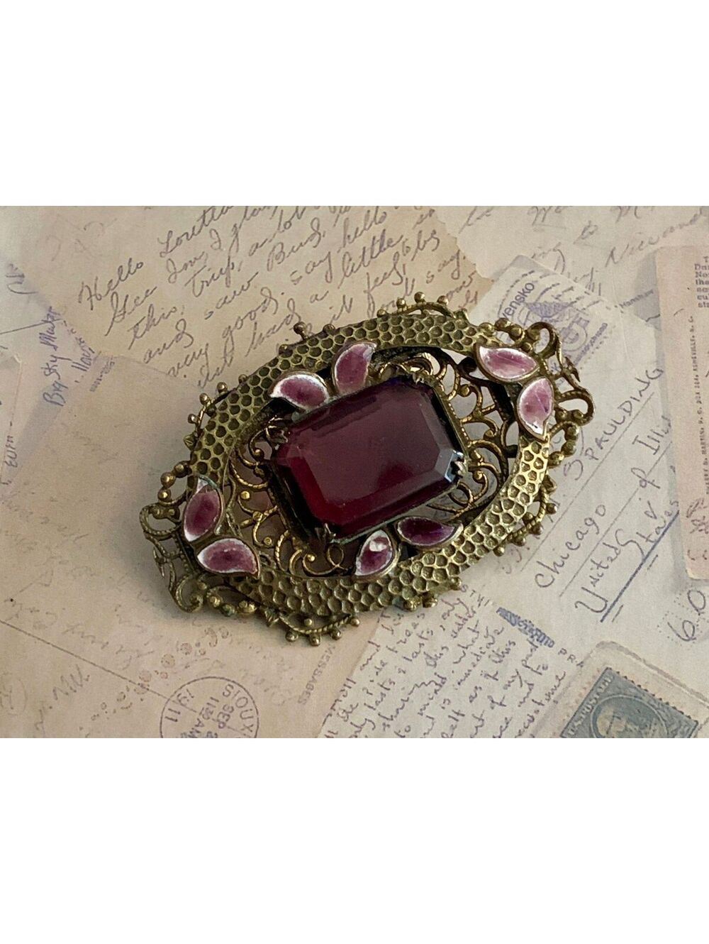 Vintage Filigree & Enameled Berry Rhinestone Brooch with Deep Ruby Crystal